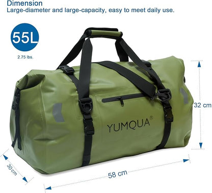 Waterproof Duffel Bag Keeps Gear Dry, Heavy Duty Roll Top Dry Duffle Bag Perfect for Motorcycle Traveling Camping Hiking Fishing Skating Boating Kayaking, 55L Army Green
