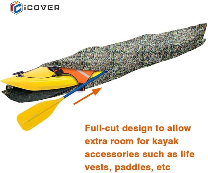 i COVER 13ft Kayak Cover- Water Resistant Heavy Duty Kayaks/Canoe Covers Fits Canoes or Paddleboards up to 13ft Long and Beam Width up to 30in, Camo