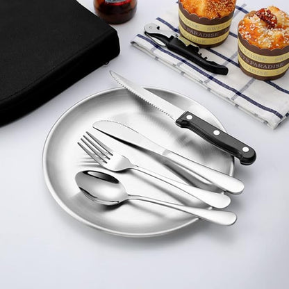 Metal Camping Utensil Set, Camping Silverware Set for 2, Reusable Travel Cutlery Set with Case Include Knife Fork Spoon Dish and Beer Cap Opener 10PCS Set