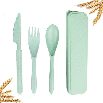 Reusable Travel Utensils Set with Case, Green Wheat Straw Portable Plastic Fork Spoons Knife Camping Cutlery, Eco-Friendly BPA Free Lunch Tableware Travel Picnic Utensils for Kids Adults Daily Use