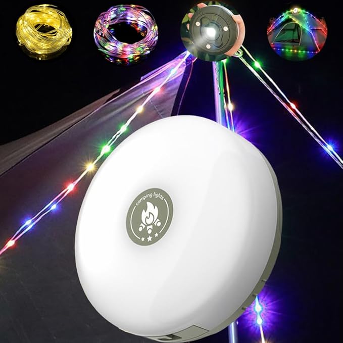 Camping String Light with Camping Lantern and Flashlight,Updated 3-in-1 Portable String Lights,32.8ft/10M Warm White and Colorful,8 Lighting Modes(NO APP),Rechargeable,Waterproof