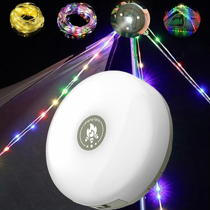 Camping String Light with Camping Lantern and Flashlight,Updated 3-in-1 Portable String Lights,32.8ft/10M Warm White and Colorful,8 Lighting Modes(NO APP),Rechargeable,Waterproof