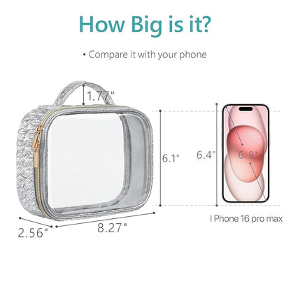 PACKISM TSA Approved Toiletry Bag - Ruched Textured Clear Makeup Bag, Metallic Silver, with 180° Large Opening and Supporting Frame, Perfect for Travel Essentials, Thick No Smell