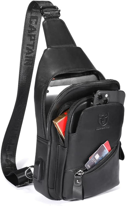 KPYWZER Vintage Leather Sling Bag Backpack for Men Crossbody Shoulder Chest Day Pack Backpacks Black