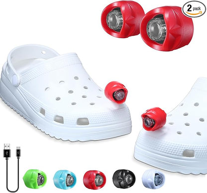 RAHAN Rechargeable Headlights for Croc 2pcs,Flashlights Attachment for Crocs, LED Shoes Light with 3 Light Modes for Dog Walking, Camping, Running, Suitable for Adults, Red