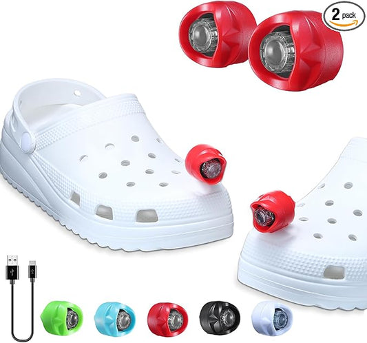 RAHAN Rechargeable Headlights for Croc 2pcs,Flashlights Attachment for Crocs, LED Shoes Light with 3 Light Modes for Dog Walking, Camping, Running, Suitable for Adults, Red