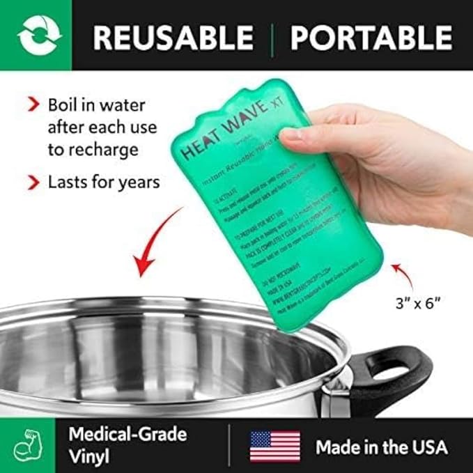 Made in USA: HEAT WAVE Instant Reusable Heat Pack, XT Large Instant Reusable Hand Warmers 4-Pack, for Camping, Hiking, Pain Relief (3x6), Click Heat