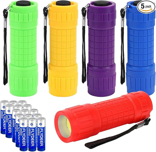 KunHe 5 Pack Plastic Small Mini LED Flashlight COB Flashlights for Kids 100 Lumen with Batteries High CRI for Bright Flash Light Party Favors Christmas Gifts Stocking Stuffers