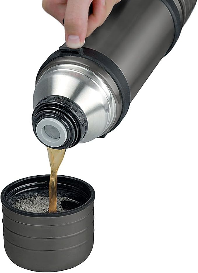 LiteXpress 1 Liter Titanium Grey Stainless Steel Removable Insulating Plastic Drinking Mug with Vacuum Flask and Quick System for One Hand Use