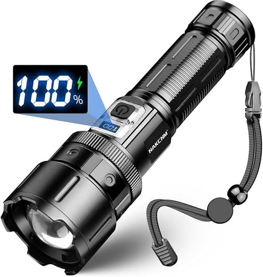 NAKCNM Flashlights LED Rechargeable, 1000000 High Lumen Flash Light with Digital Power Display and 5 Modes Super Bright Flashlight for Emergencies Camping Outdoor