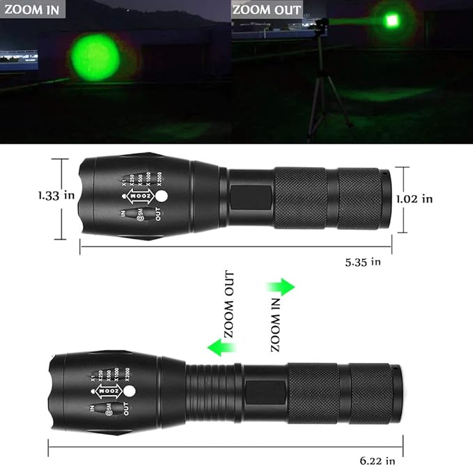 Green LED Flashlight Single Mode Hunting Light with Zoomable and Waterproof for Hunting Predator Fishing