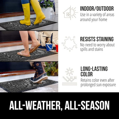 GORILLA GRIP 100% Waterproof All-Season WeatherMax Doormat, 23x35, Durable Natural Rubber, Stain and Fade Resistant, Low Profile, Indoor Outdoor Door Mats, Easy Clean Patio Entry Mat, Charcoal Hello
