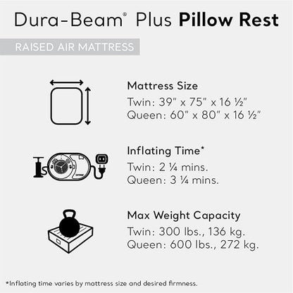 Intex 64123ED Dura-Beam Plus Pillow Rest Fiber-Tech – Queen Size – Built-in Electric Pump – 16.5in Bed Height – 600lb Weight Capacity