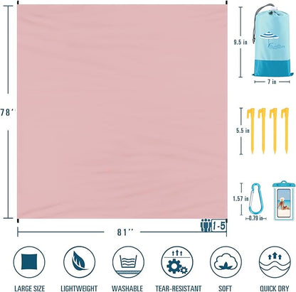 Beach Blanket Sandproof Waterproof 78''×81''1-5 Adults Oversized,Compact Lightweight Durable Beach Mat for Travel Camping Hiking Picnic Blanket