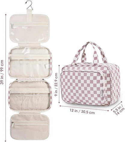 Narwey Travel Toiletry Bag for Women Large Hanging Makeup Bag Organizer Toiletries Bag for Full Size Essentials Accessories Cosmetics (Dusty Rose Checkerboard (Large))