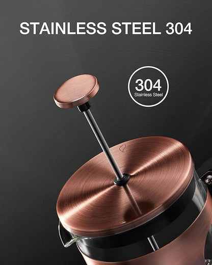 BAYKA 21 Ounce 0.6 Liter French Press Coffee Tea Maker Small, Heat Resistant Thickened Borosilicate Glass Stainless Steel Single Serve Brewer, Cold Brew Cafetera Teapot, Copper