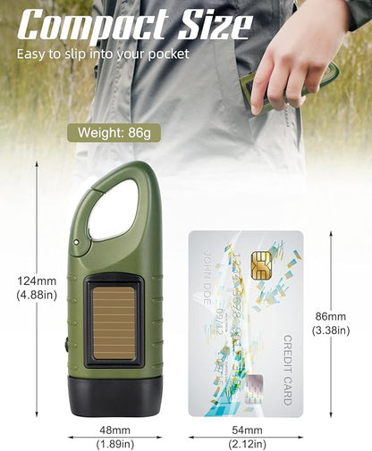 Hand Crank Solar Powered Flashlights,Compact Emergency Rechargeable LED Flashlight Handheld Survival Flashlight,Quick Snap Carbiner Dynamo Flashlight for Outdoor,Sports,Hiking-Army Green