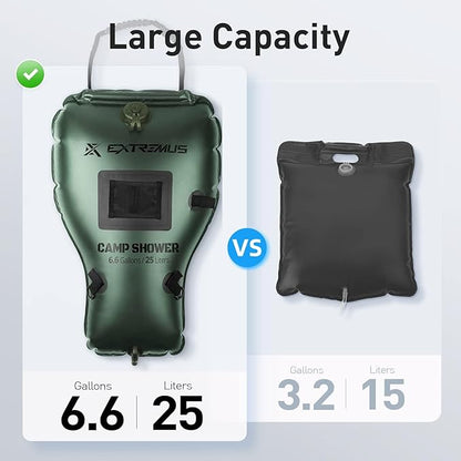 Extremus Rainbow Falls Camping Shower, 6.6 Gallons/25L Camp Shower Bag, Solar Heating PVC Bladder, Built in Thermometer, Mesh Pocket, ABS Nozzle System, Portable Solar Shower for Camping