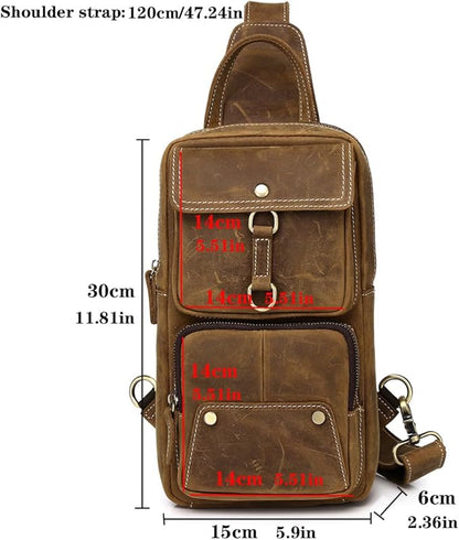 KPYWZER Sling Bag Men Women Vintage Full Grain Genuine Leather Shoulder Backpack Satchel Chest Casual Daypack Crossbody Outdoor Day Pack Backpacks Brown