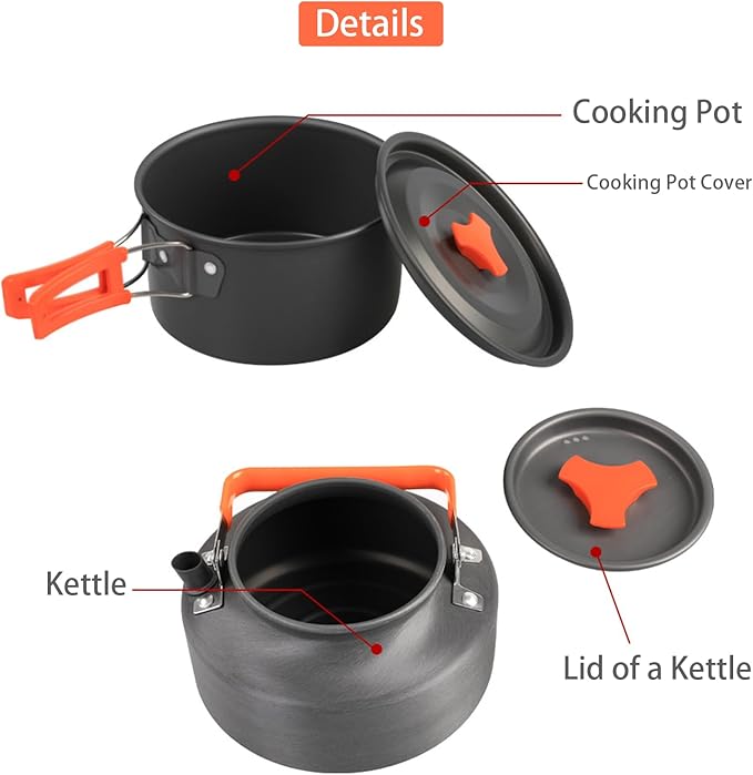 12pcs Camping Cooking Set, Camping Pots and Pans Set with Kettle Compass Hook Flint Plastic Bowls and Soup Spoon for Camping, Backpacking, Hiking, Outdoor Cooking and Picnic