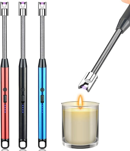3 Pack Candle Lighter,Arc Lighter with USB Charging,Flameless Windproof,LED Battery Display,Safety Switch,Rotate 360 Degrees,for Aromatherapy,Candles,BBQ,Camping.(Blue&Red&Black)