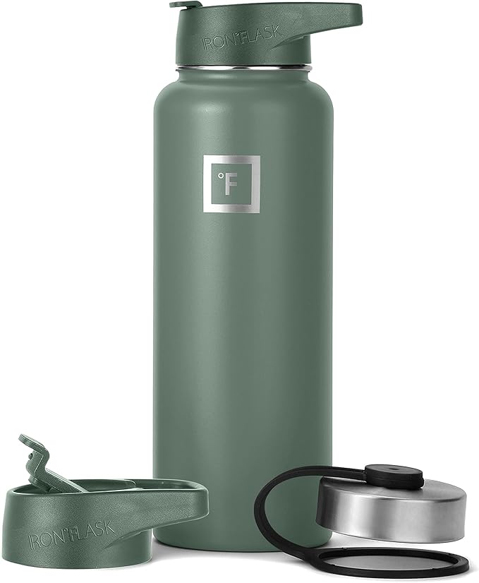 IRON °FLASK Camping & Hiking Hydration Flask, Wide Mouth, 3 Straw Lids, Stainless Steel Outdoor Water Bottle, Double Walled, Insulated Thermos, Metal Canteen - Sage, 40 Oz