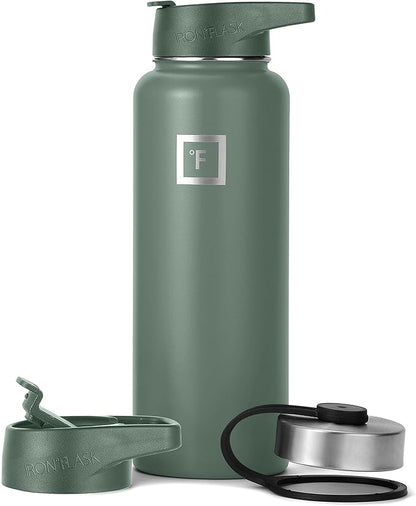 IRON °FLASK Camping & Hiking Hydration Flask, Wide Mouth, 3 Straw Lids, Stainless Steel Outdoor Water Bottle, Double Walled, Insulated Thermos, Metal Canteen - Sage, 40 Oz