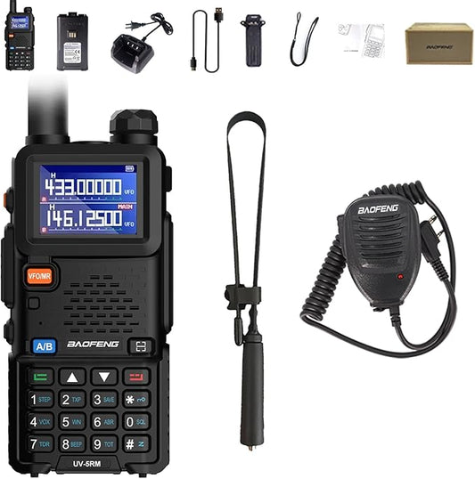 BAOFENG UV-5RM Two Way Radio Multi-Band Long Range Walkie Talkie NOAA USB-C Charging Upgrade of UV-5R Ham Radio Air Band 1.77in LCD Screen with Speaker Mic and 18.89in Tactical Antenna