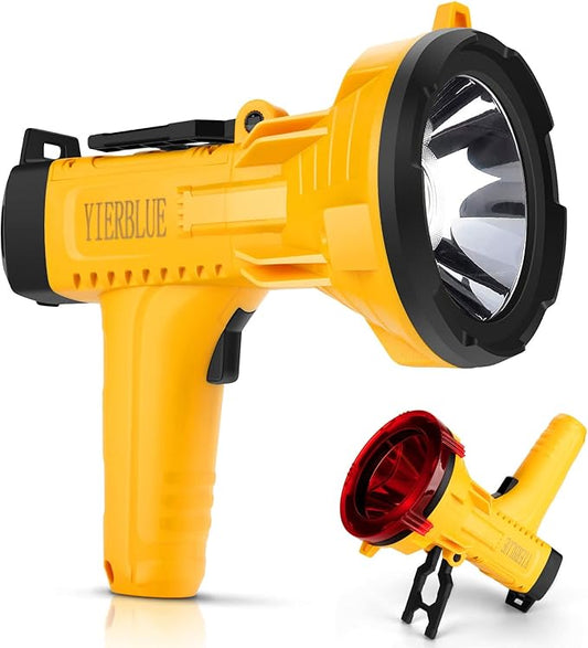 YIERBLUE Rechargeable Spotlight Flashlight 900000 High Lumen, IP66 Waterproof Spot Lights Outdoor Handheld, 20 Hours Long Lasting LED Large Flashlight with Foldable Stand and Detachable Red Filter