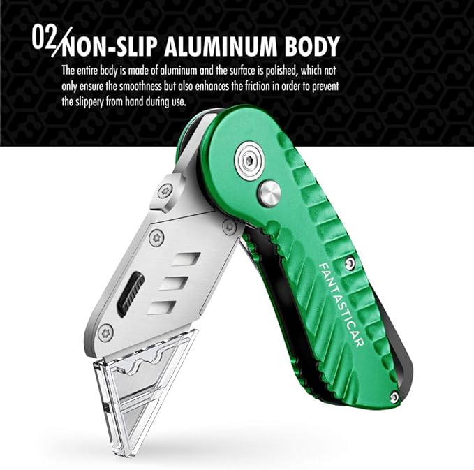 FantastiCAR Folding Utility Knife, Quick Blade Change Box Cutter, Anti-slip Metal Body, with Safety Lock and 5 Extra Blades (Summer Green)