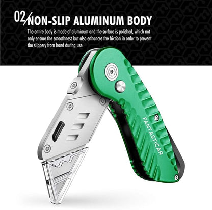 FantastiCAR Folding Utility Knife, Quick Blade Change Box Cutter, Anti-slip Metal Body, with Safety Lock and 5 Extra Blades (Summer Green)