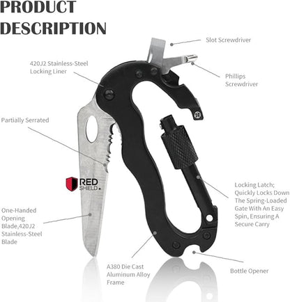 5-in-1 Survival Tool Keychain. Multitool Includes Slotted & Phillips Screwdriver, Bottle Opener, Blade Carabiner Aluminum Frame, Stainless Steel Locking Liner & Latch. Hang Keys.