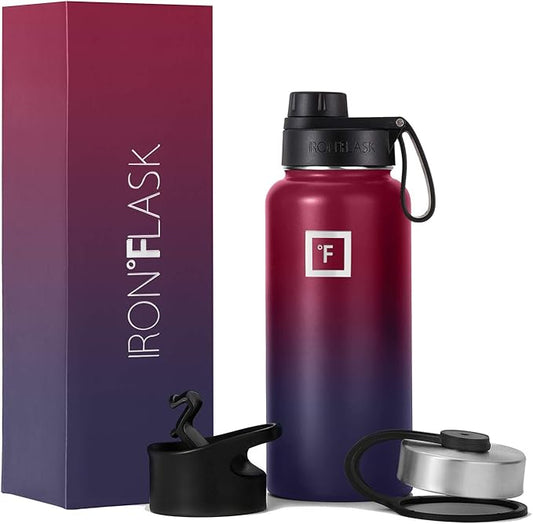 IRON °FLASK Camping & Hiking Hydration Flask, Wide Mouth, 3 Spout Lids, Stainless Steel Outdoor Water Bottle, Double Walled, Insulated Thermos, Metal Canteen - Dark Rainbow, 32 Oz