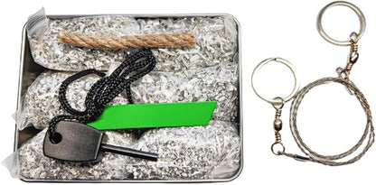 Emergency Fire Starter Magnesium 6 Bags Wax Infused Jute Rope Ferro Rod Striker Saw Wire for Camping Hiking Bushcraft Hurricane + Tin Container