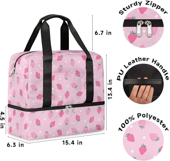 Sports Gym Bag Cute Strawberry Pink Travel Duffel Bag Waterproof Lightweight Swim Bag Travel Tote Luggage Weekender Overnight Handbag Workout Bag with Shoes Compartment for Women Men
