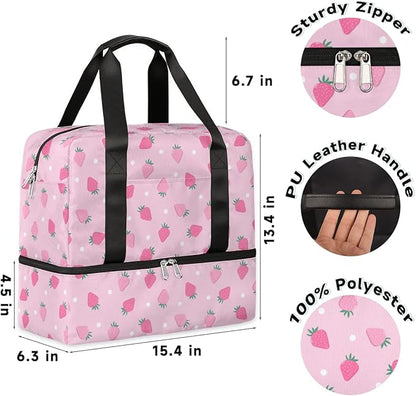 Sports Gym Bag Cute Strawberry Pink Travel Duffel Bag Waterproof Lightweight Swim Bag Travel Tote Luggage Weekender Overnight Handbag Workout Bag with Shoes Compartment for Women Men