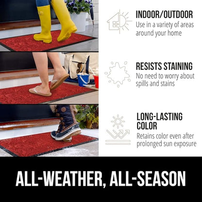 GORILLA GRIP 100% Waterproof All-Season WeatherMax Doormat, 23x35, Durable Natural Rubber, Stain and Fade Resistant, Low Profile, Indoor Outdoor Doormats, Easy Clean Patio Entry Mat, Red Vintage Wine