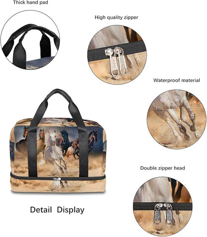Horse Travel Duffel Bag, Desert Running Horse Weekender Overnight Bag Large Carry On Bag, Waterproof Sports Gym Bag Tote Workout Duffel Bag for Men Women