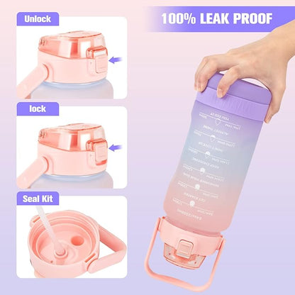 64oz Half Gallon Water Bottle With Sleeve, Water Bottles with Time Marker/Straw/Chug One Lids, Leakproof Tritan BPA Free Reusable Water Jug Easy Carry for Adult and Kids Gym Sports Outdoors