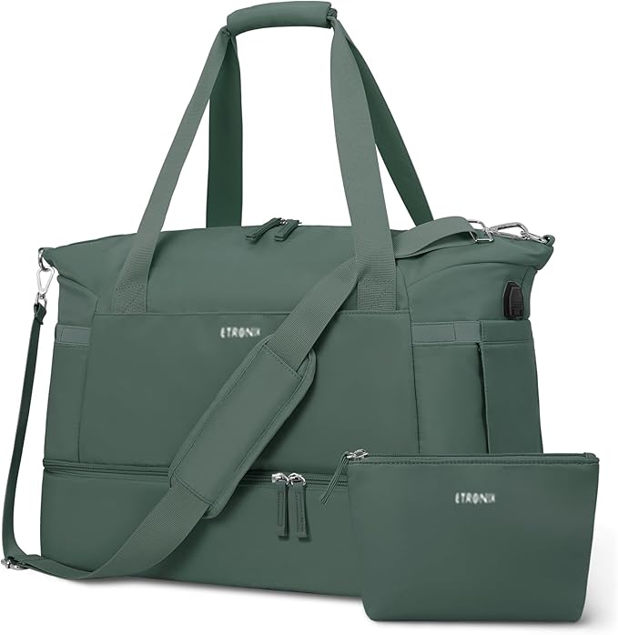 ETRONIK Gym Bag for Women, 47L Carry On Travel Duffel Bag with Shoes Compartment, Weekender Overnight Bag with Wet Pocket & USB Charging Port for Women, Travel, Gym, Weekend, Large Size (Dark Green)
