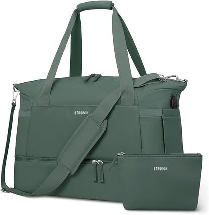 ETRONIK Gym Bag for Women, 47L Carry On Travel Duffel Bag with Shoes Compartment, Weekender Overnight Bag with Wet Pocket & USB Charging Port for Women, Travel, Gym, Weekend, Large Size (Dark Green)