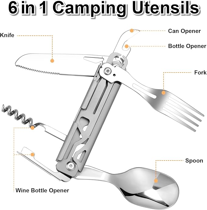 FLYHOMES 6 in 1 Camping Utensils Set Camping Fork Spoon Knife Combo Detachable Camping Flatware Set Portable Utensils for Outdoor Camping Hiking (1 PCS)…
