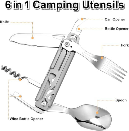 FLYHOMES 6 in 1 Camping Utensils Set Camping Fork Spoon Knife Combo Detachable Camping Flatware Set Portable Utensils for Outdoor Camping Hiking (1 PCS)…