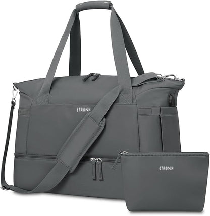 ETRONIK Gym Bag for Women, Travel Duffel Bag with USB Charging Port, Weekender Overnight Bag with Wet Pocket and Shoes Compartment for Women, Travel, Gym, Yoga (Dark Grey)