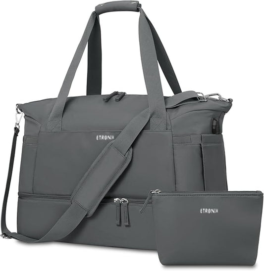 ETRONIK Gym Bag for Women, Travel Duffel Bag with USB Charging Port, Weekender Overnight Bag with Wet Pocket and Shoes Compartment for Women, Travel, Gym, Yoga (Dark Grey)