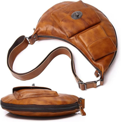 KPYWZER Genuine Leather Sling Bag for Men Women Crossbody Purse Chest Bag Shoulder Backpack Motorcycle Pack Satchel Casual Hiking Travel Daypack