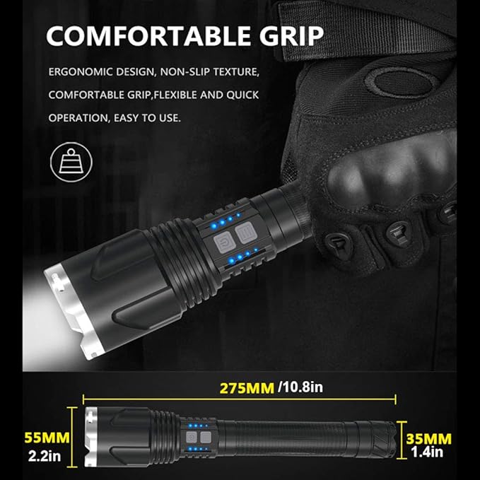 LUXNOVAQ Brightest Flashlight Rechargeable XHP110 LED Powerful Tactical Flashlights, 200000 High Lumen Zoomable USB Flashlight Waterproof Hand Torch Light with 4 Modes for Camping Hiking