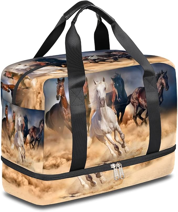 Horse Travel Duffel Bag, Desert Running Horse Weekender Overnight Bag Large Carry On Bag, Waterproof Sports Gym Bag Tote Workout Duffel Bag for Men Women