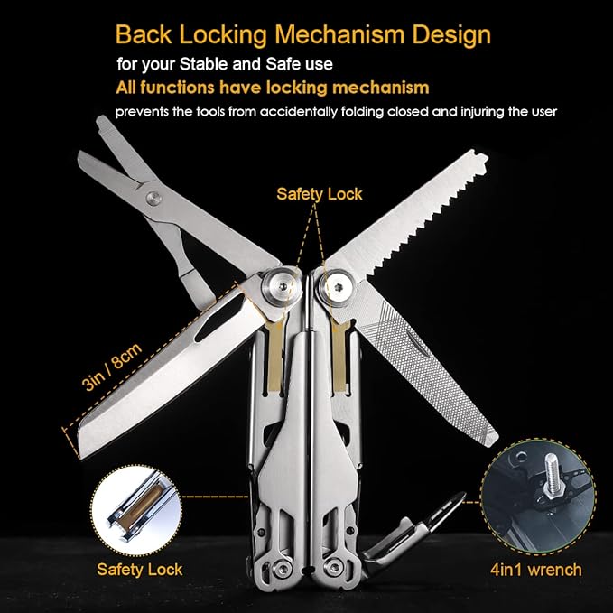 Maerd P11 Multitool, 19in1 Premium Hard Stainless Steel Multi tools Self-Locking, Outdoorsman Survival Camping EDC Multitools, Saw, First Aid Scissors, Sturdy Spring Pliers, Hexagon Wrench