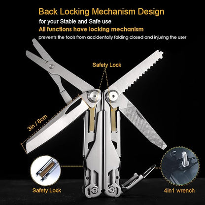 Maerd P11 Multitool, 19in1 Premium Hard Stainless Steel Multi tools Self-Locking, Outdoorsman Survival Camping EDC Multitools, Saw, First Aid Scissors, Sturdy Spring Pliers, Hexagon Wrench